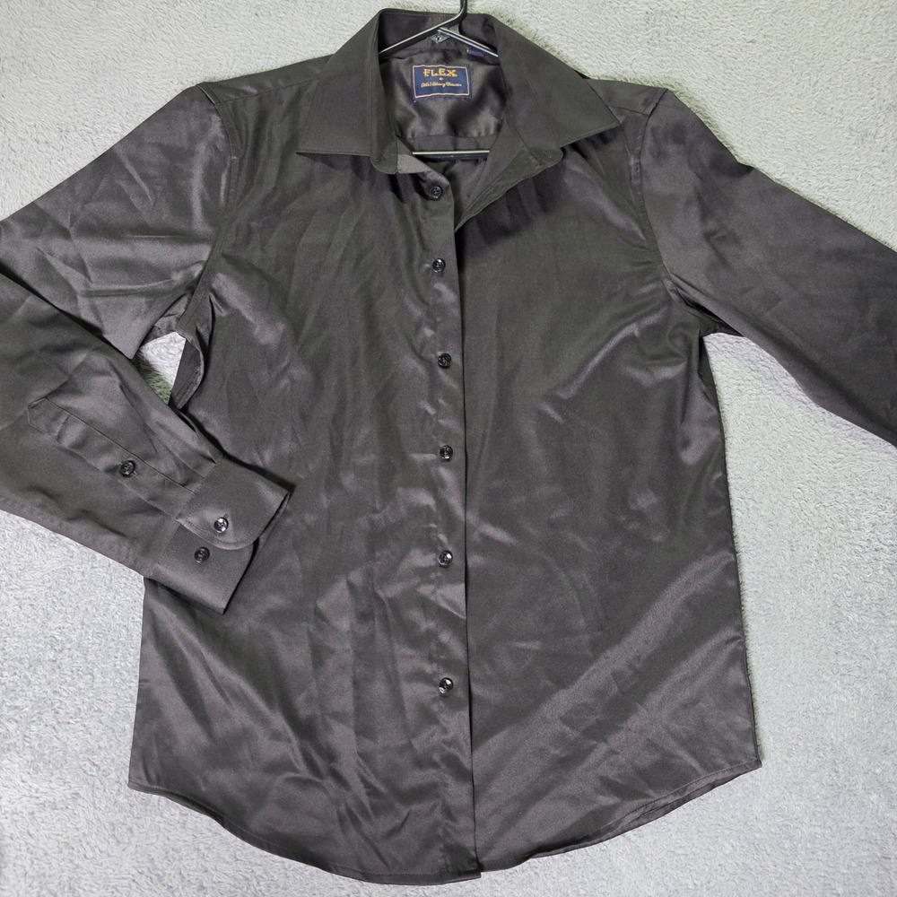 Flex Mens Small Button Down Shirt Black Satin Finish Italian Design Luxury